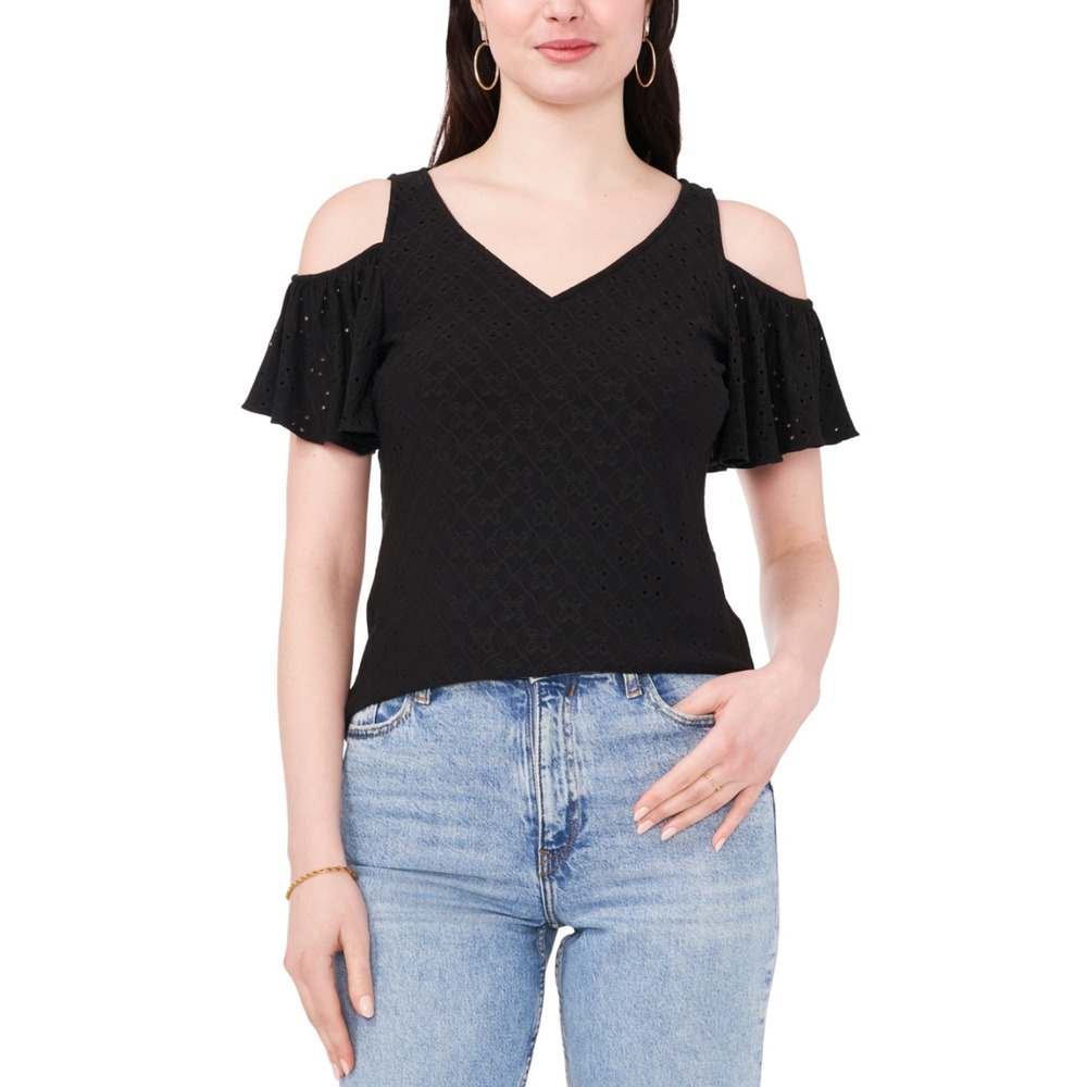 Sam & Jess Women Cold Shoulder Eyelet V-Neck Knit Top Black Size XS